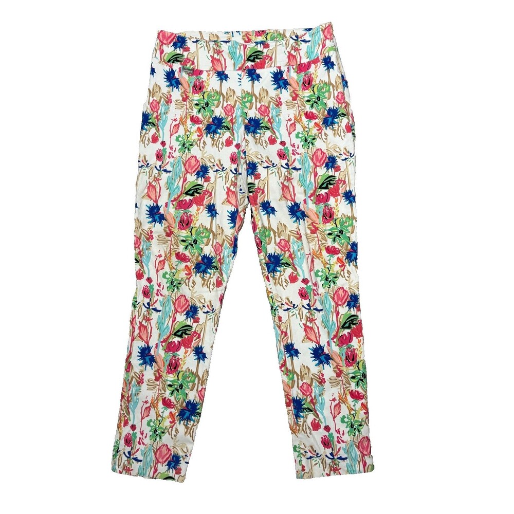 Peck & Peck Floral Pants 14 White Stretch Tummy Control Straight Leg Resort Wear